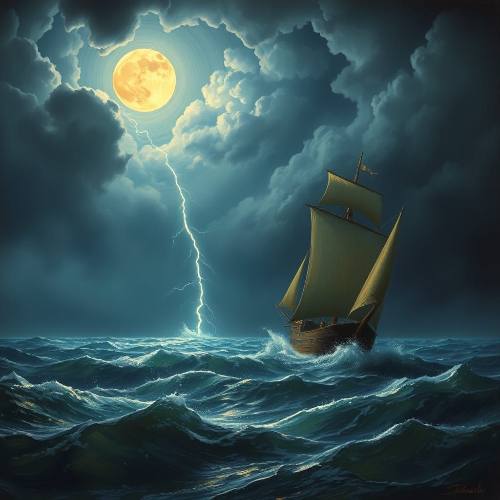 Stormy Night Sailing Ship Under Full Moon