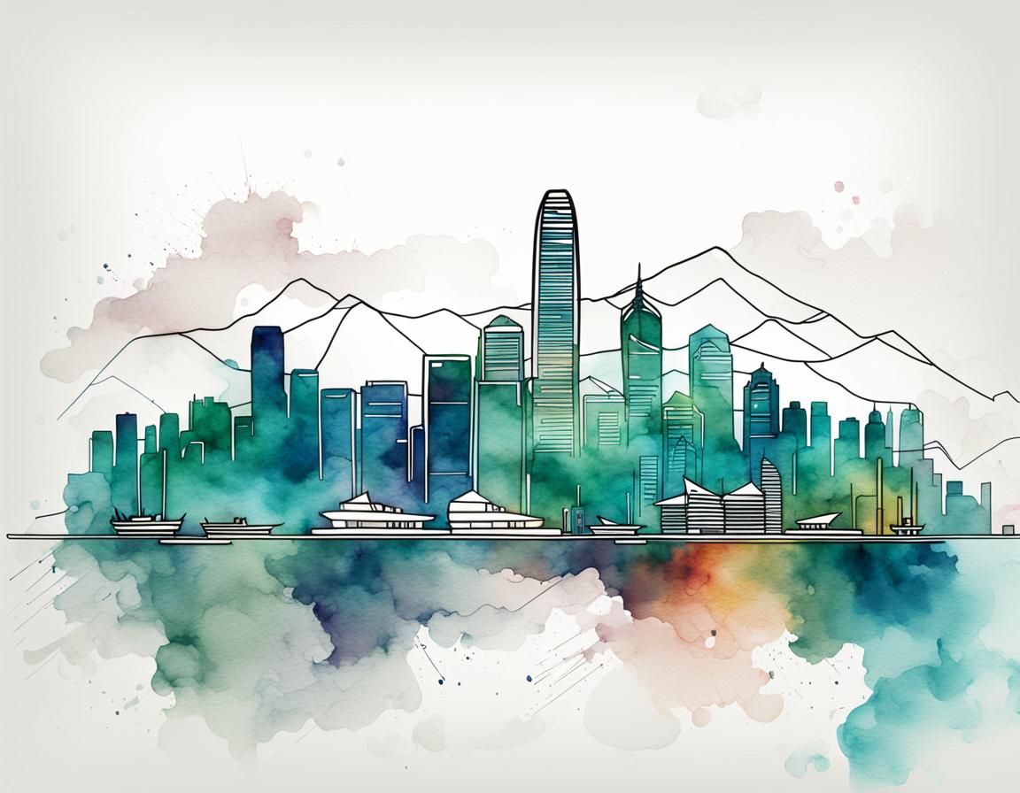 Hong Kong Skyline in Watercolor Single Line Art