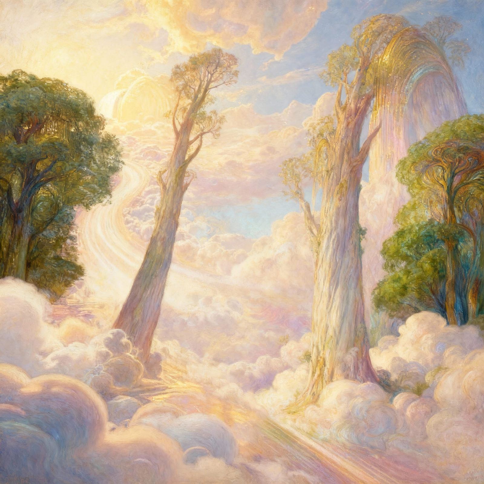Ethereal Trees Ascend to Heavenly Sky Painting