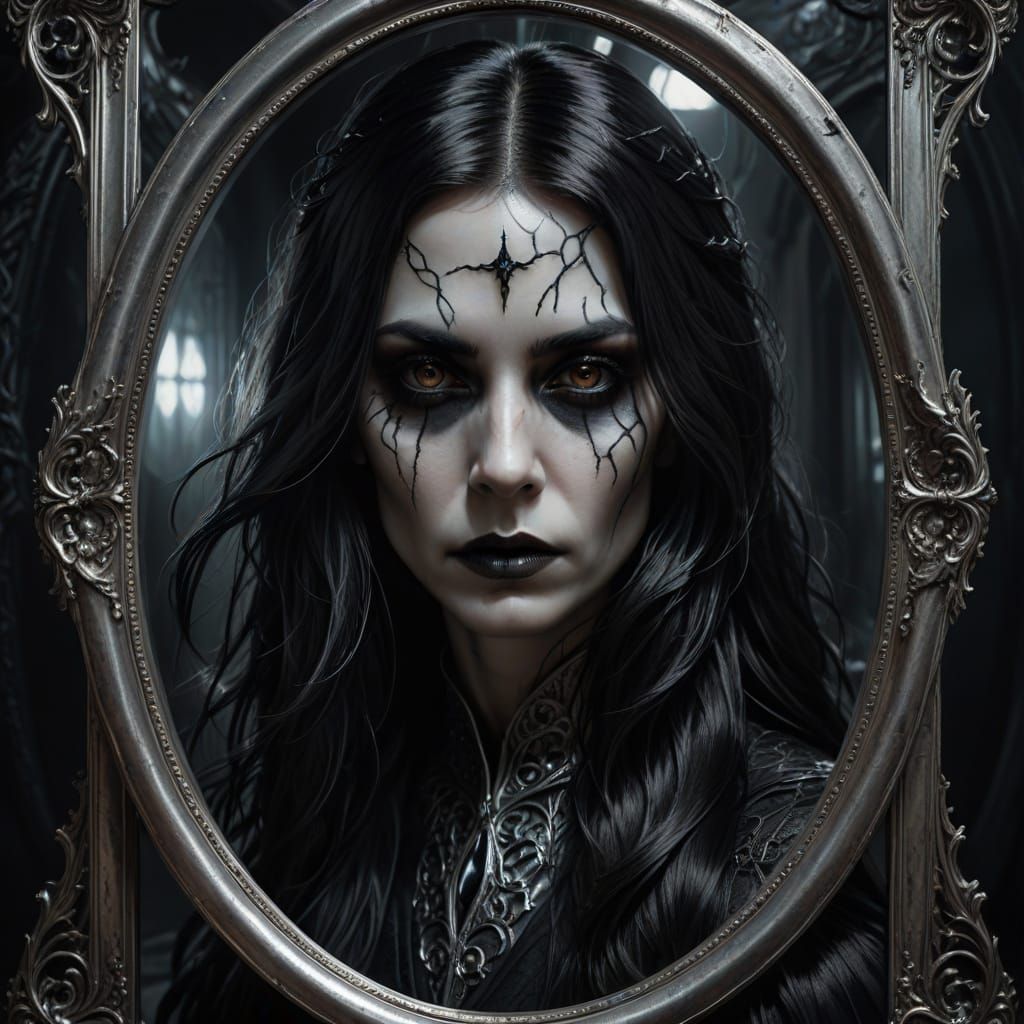 Dark Fantasy: Woman's Reflection Reveals Grotesque Image