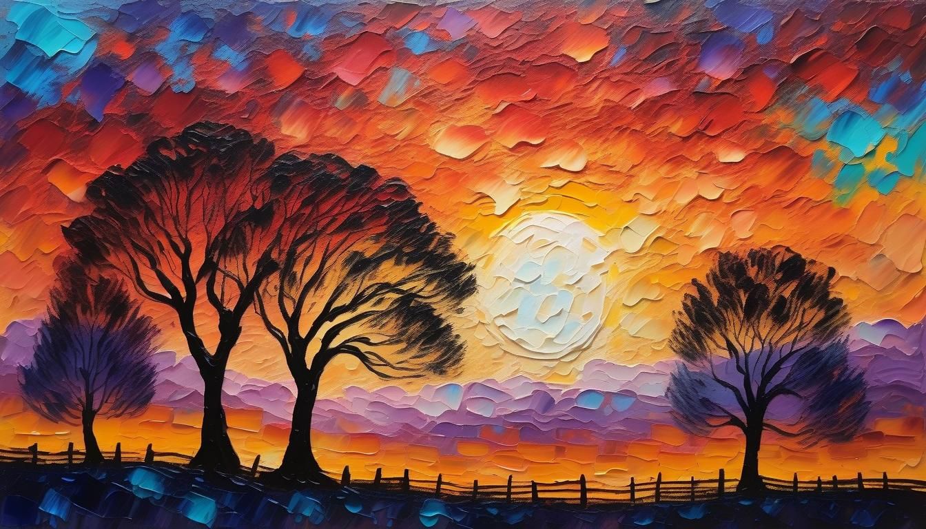 Tree Silhouettes at Sunrise in Expressionist Style