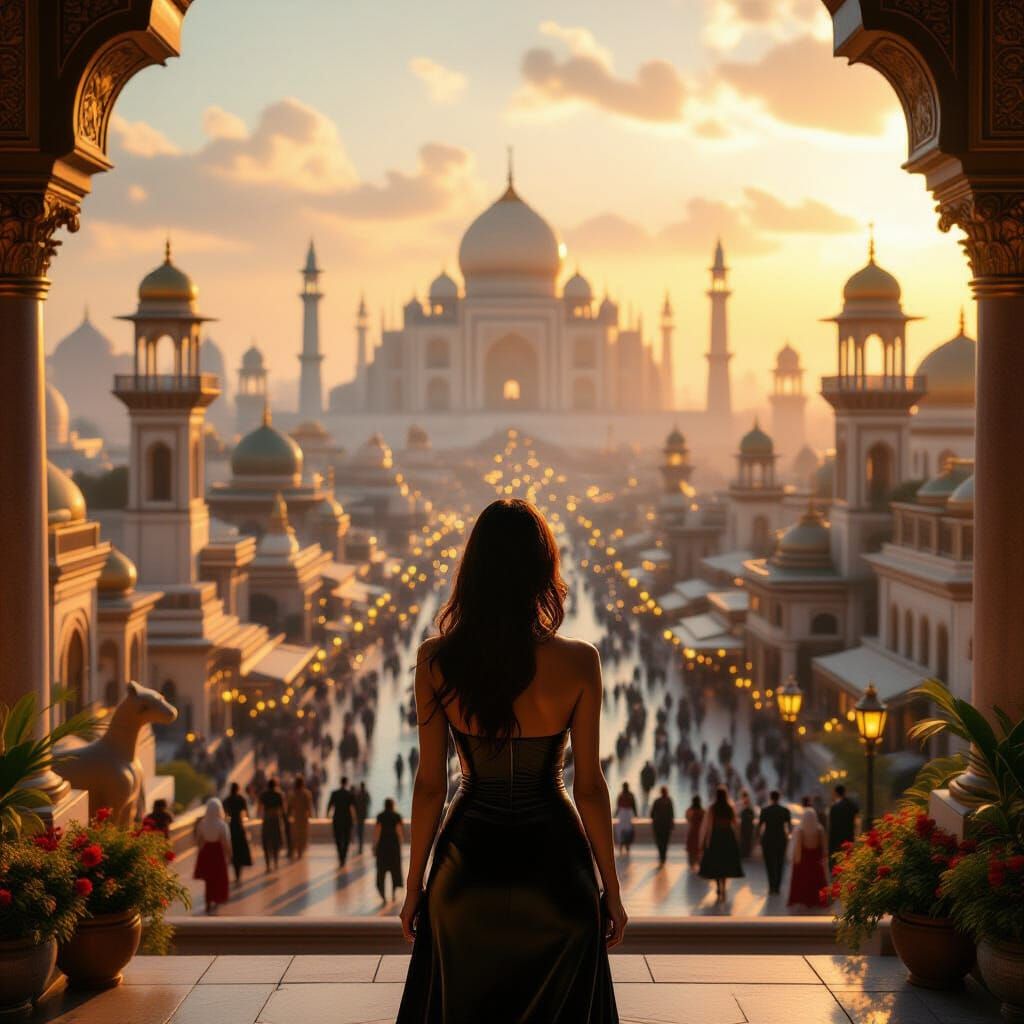 Utopian Cityscape with Woman at Golden Hour
