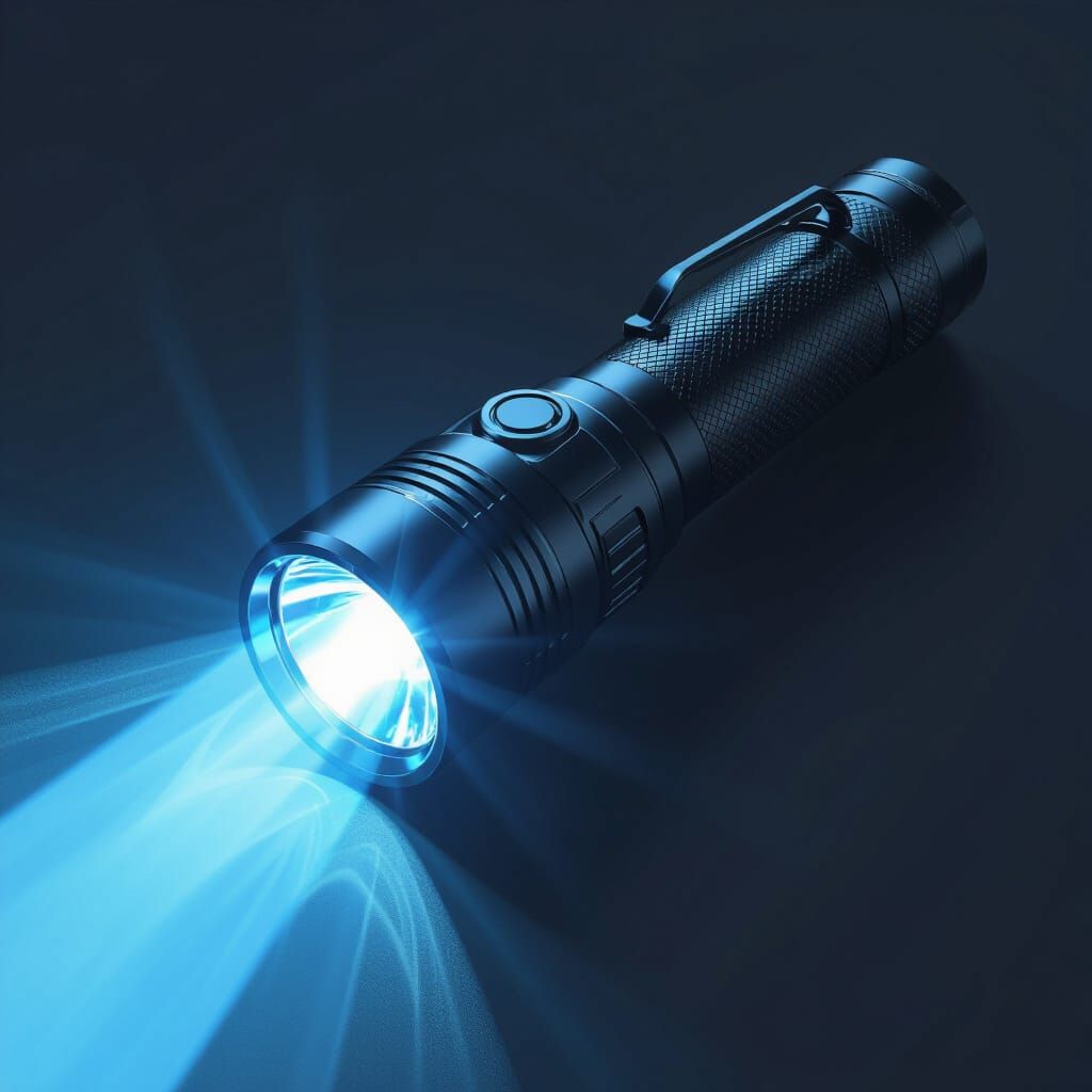 Sleek Flashlight Emits Blue Beam on Dark Background