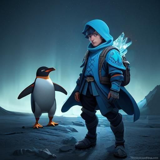 Dancing Penguin in Blue Suit, Detailed Digital Painting