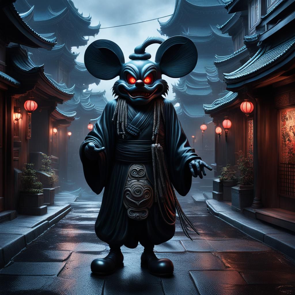 Tengu with Mickey Mask in Bioluminescent Street