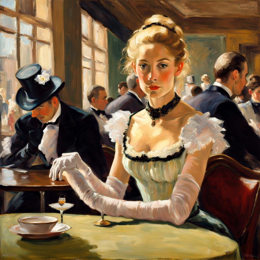 Elegant Blonde Woman in 18th Century Cafe