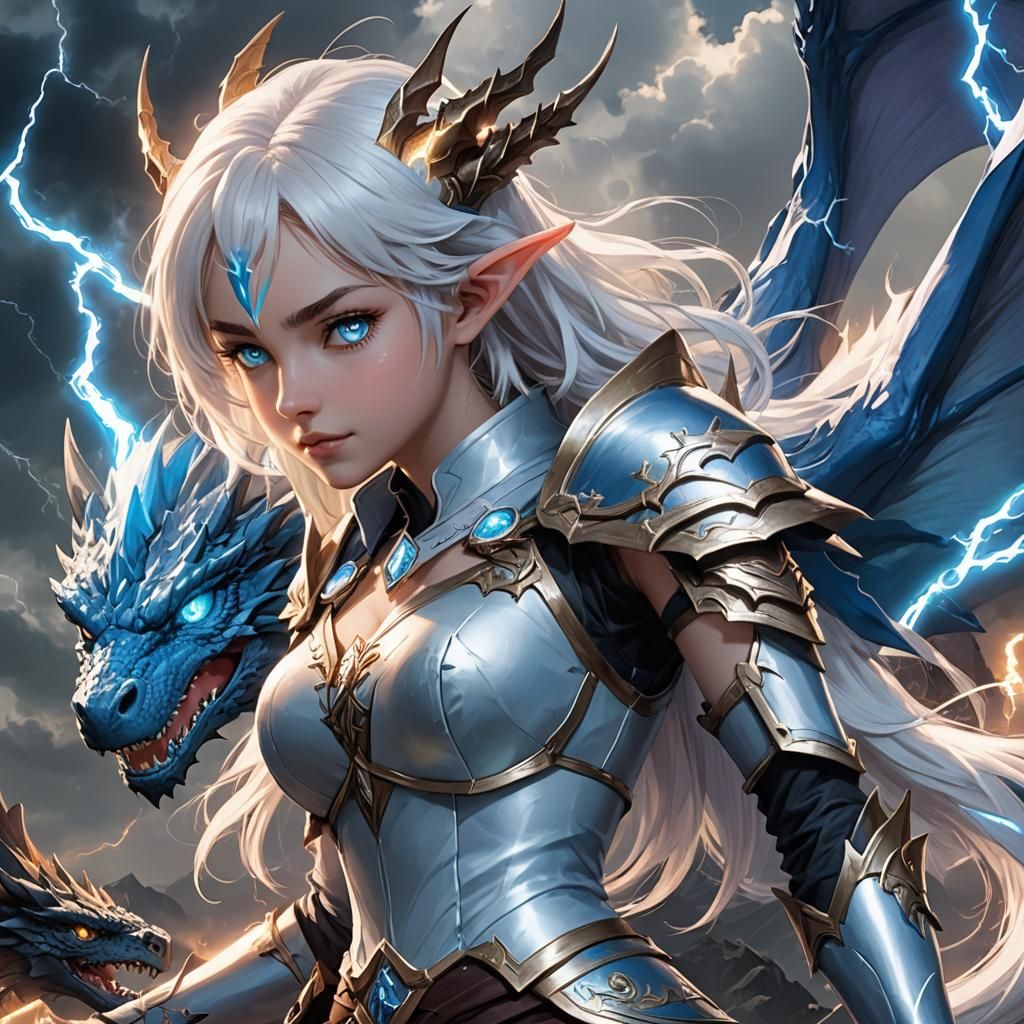 Half-Elf Woman on Lightning Dragon, Anime Style