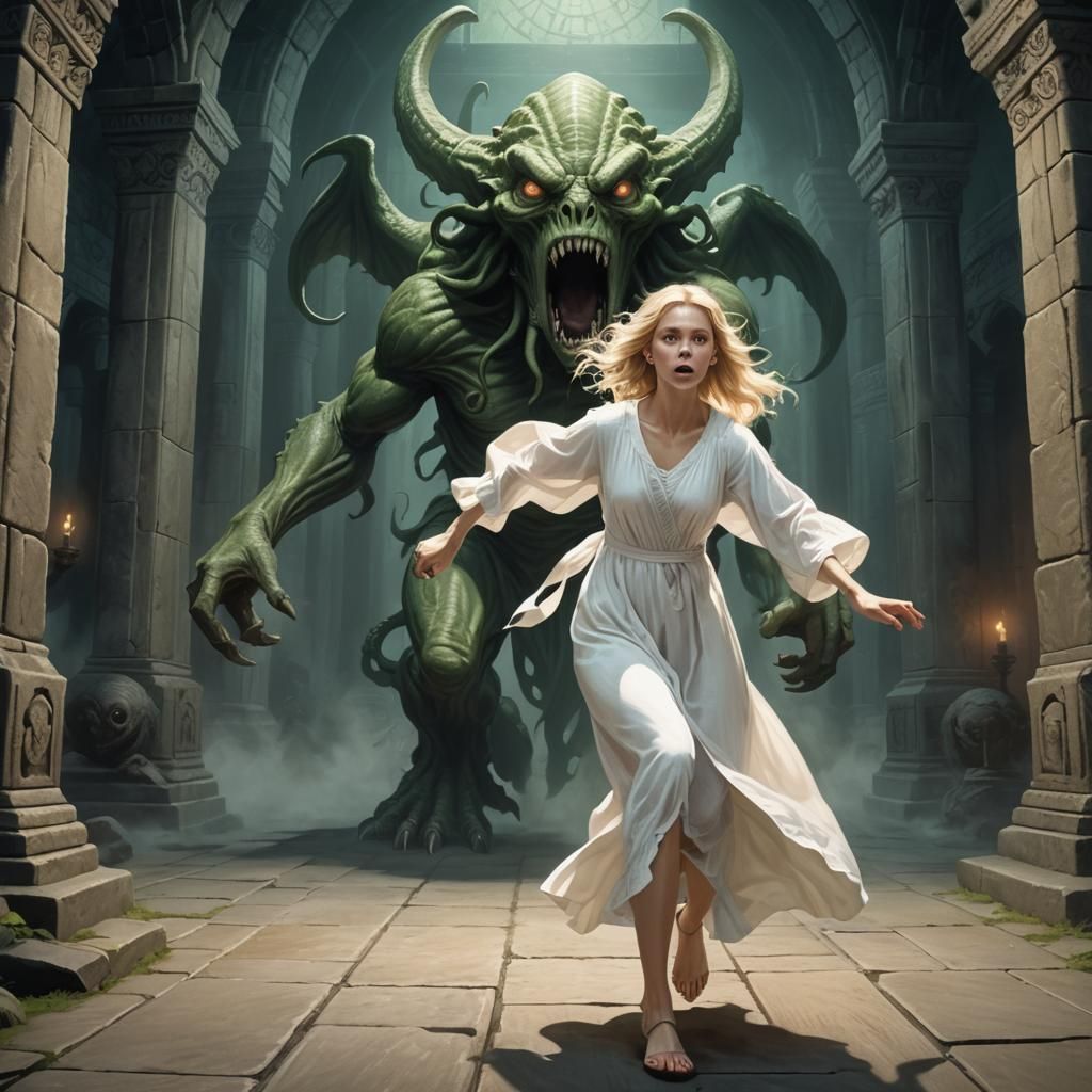 Girl Running from Cthulhu Monster in Temple
