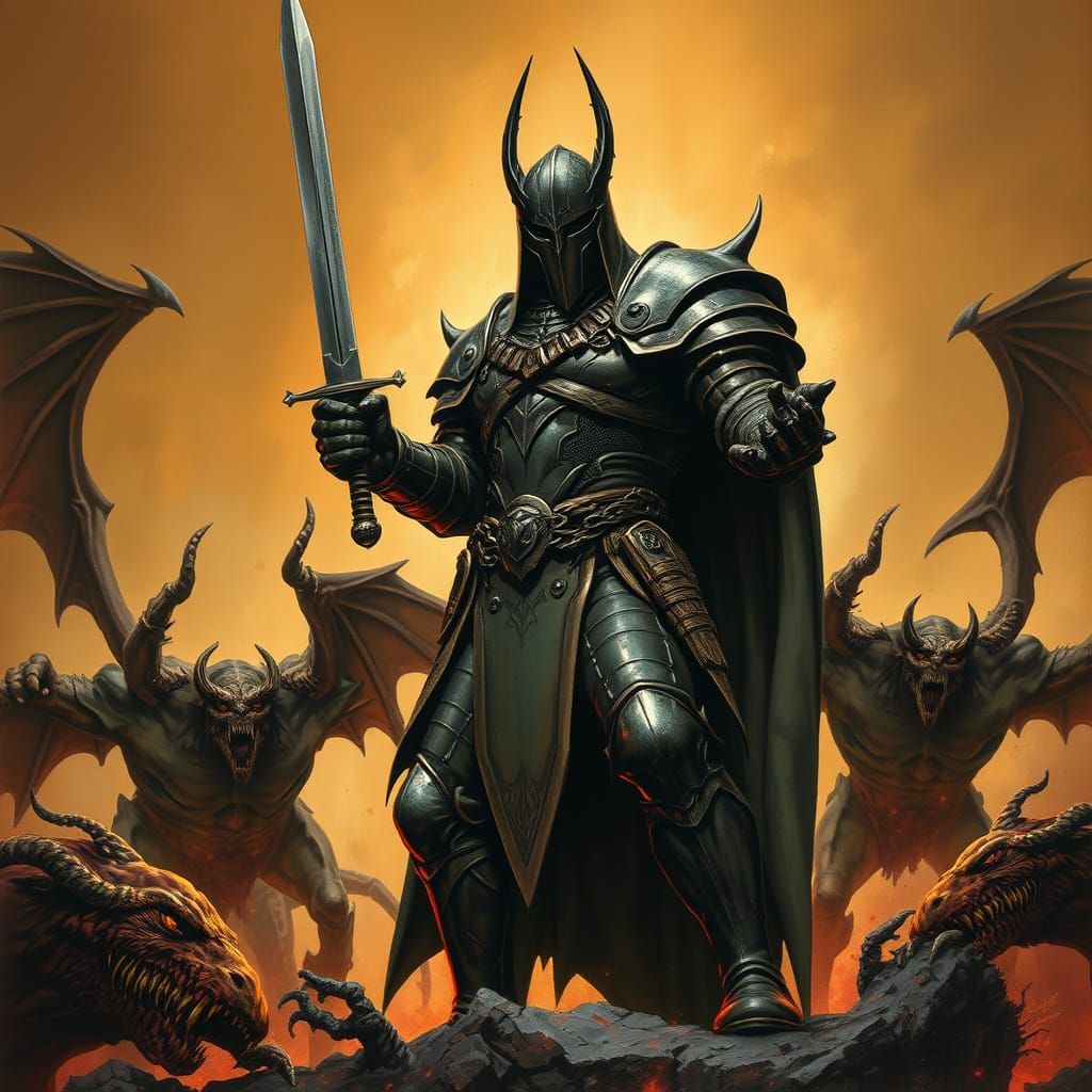 Medieval Doom Knight Battling Demons in Gothic Style