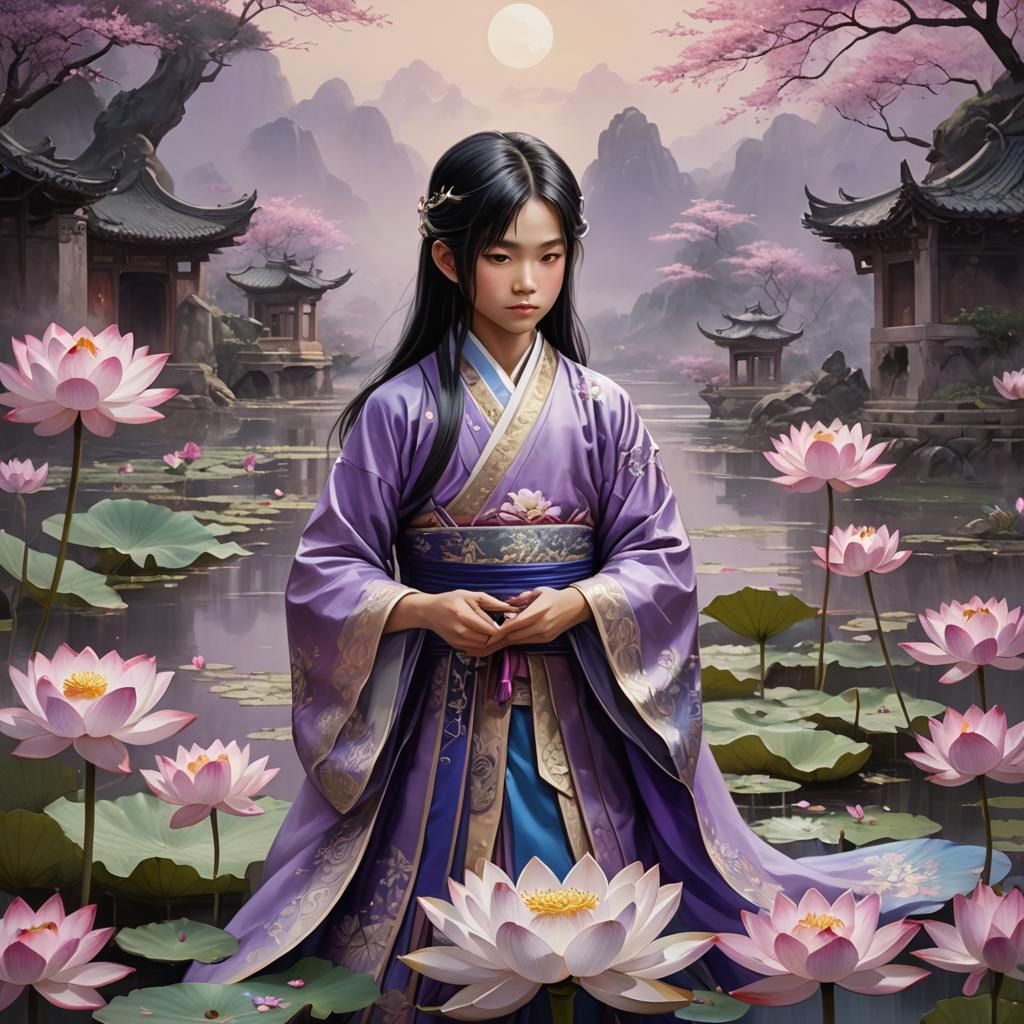 Blooming Lotus with Boy in Hanfu, Detailed Matte Painting