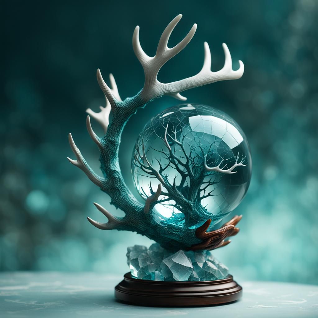 Teal Crystal Ball on Antler Sculpture: Hyperrealistic Art