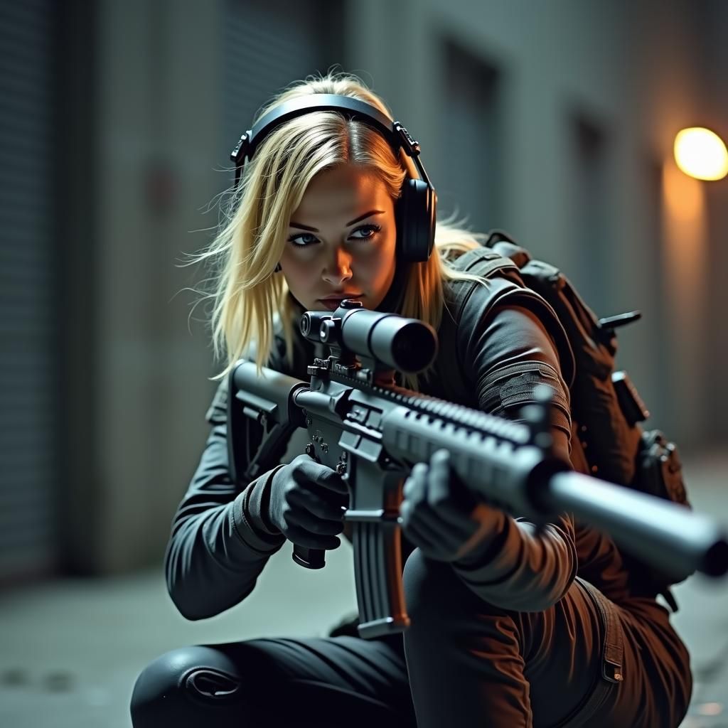 Blonde Soldier with Sniper Rifle in Dark Concept Art