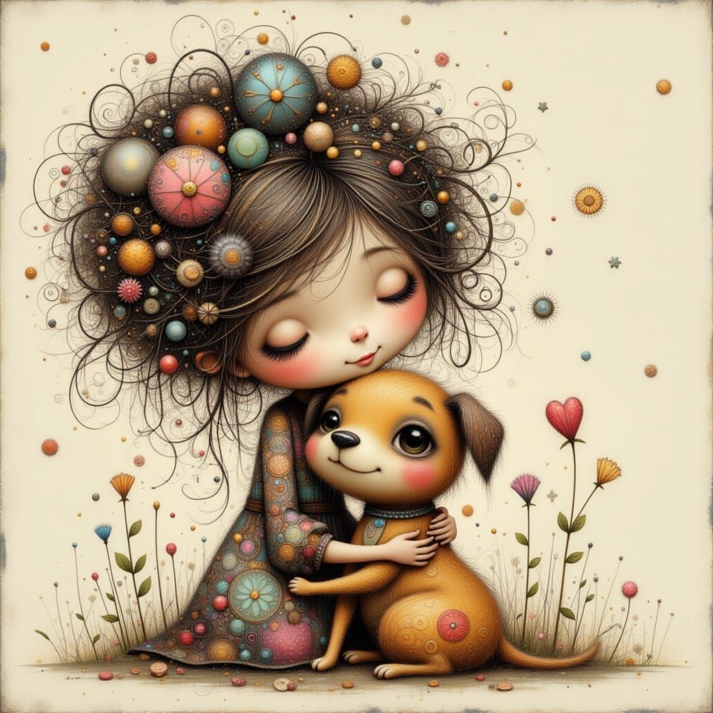 Whimsical Girl and Dog Embrace in Enchanting Scene