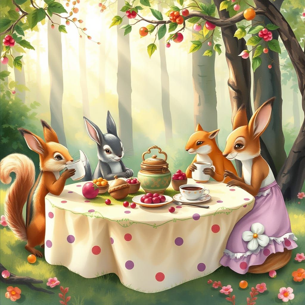 Whimsical Woodland Tea Party in Watercolor Style