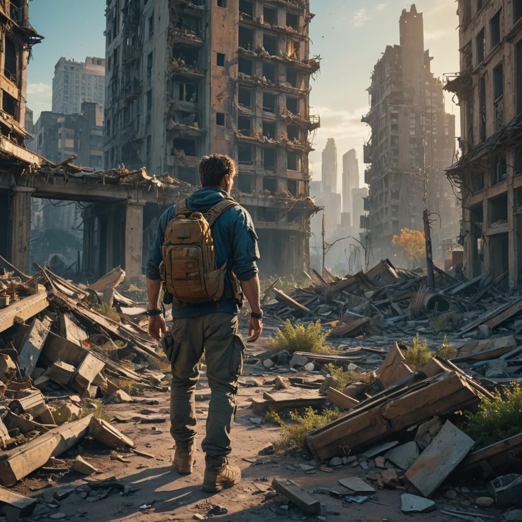 Post-Apocalyptic Survivor in Overgrown City Ruins