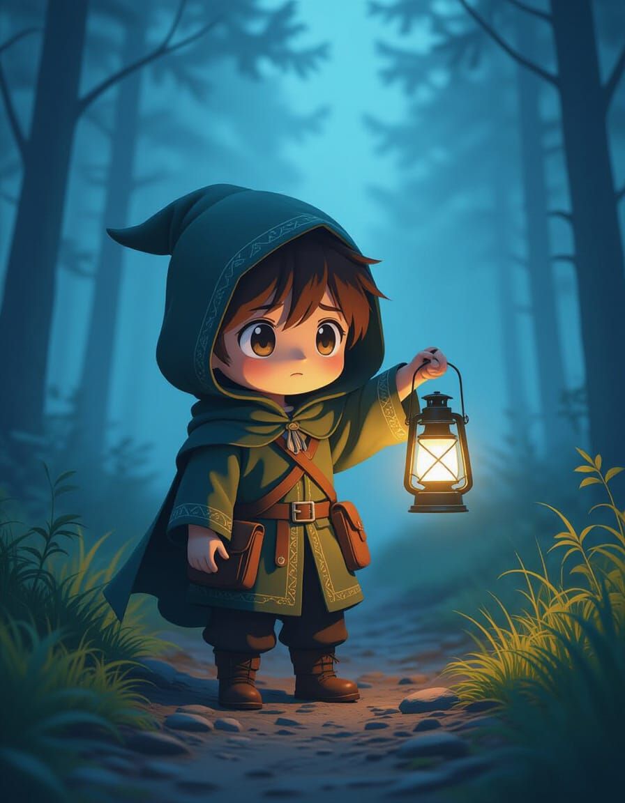 Medieval Anime Traveler in Dark Woods