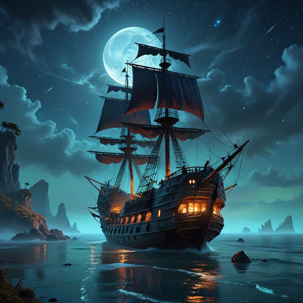 Moonlit Pirate Ghost Ship Plows Open Seas Under Starry Night...