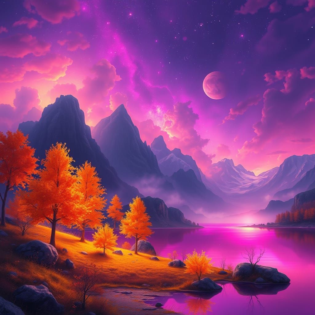 Surreal Fairy Realm with Glowing Purple Skies and Vibrant Or...