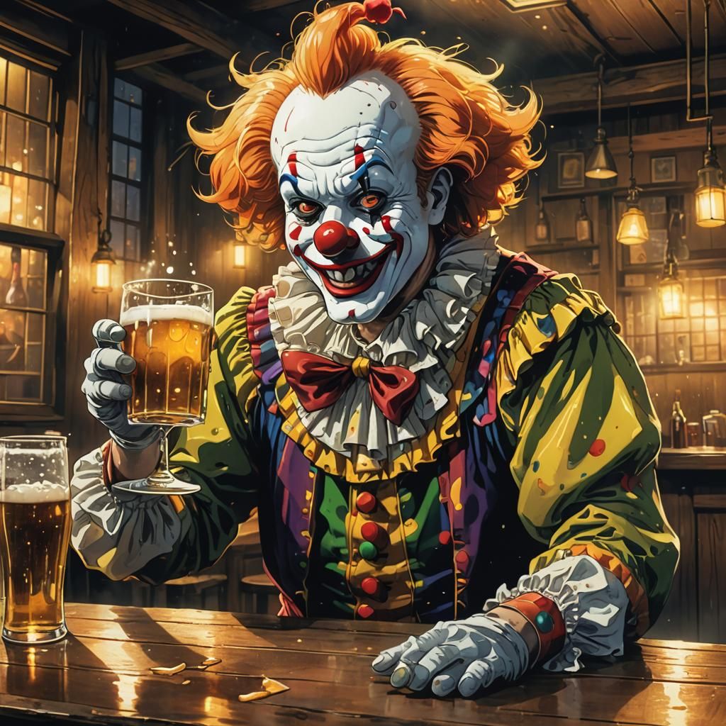 Anime Clown Drinks Beer in Dimly Lit Tavern