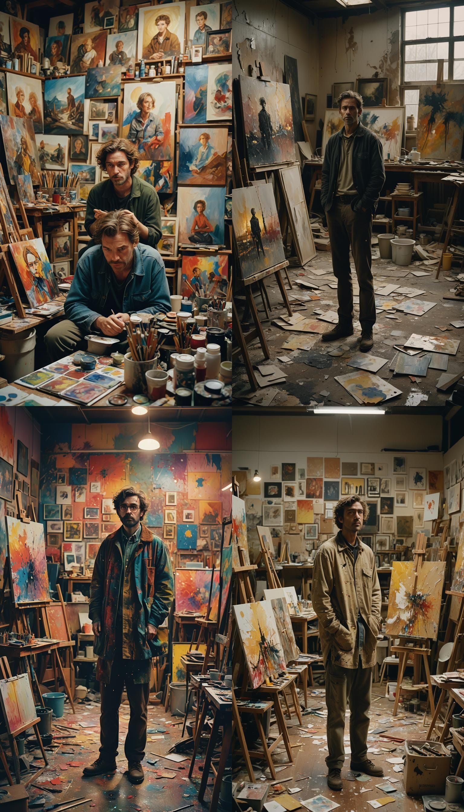 Frustrated Artist in Studio: Cinematic Film Still