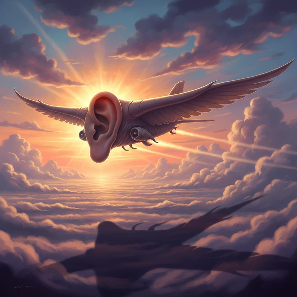 Surreal Ear Airplane Flying Through Sunset Clouds
