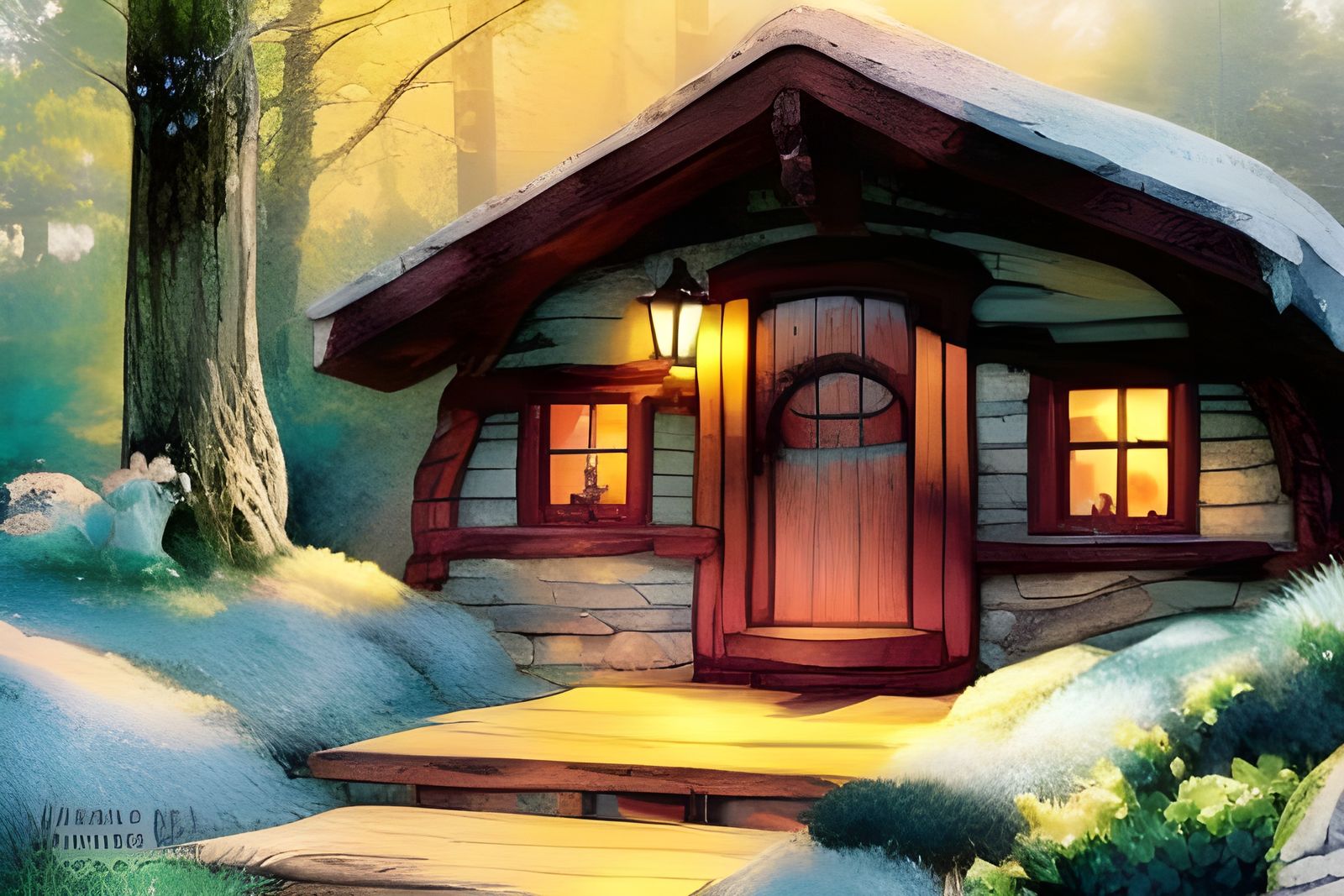 Cozy Hobbit House Illustration in Comic Book Style
