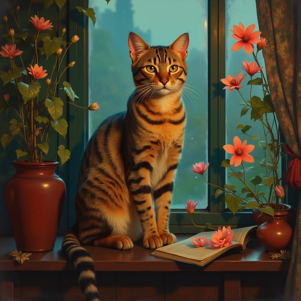 Cat in Window at Dusk: Red and Teal Watercolor