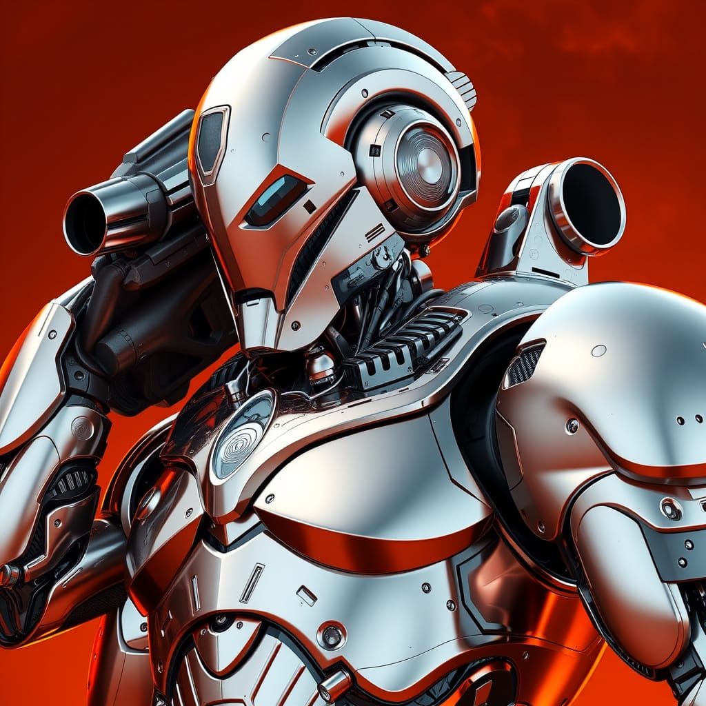Futuristic Chrome Robot with Massive Gun on Orange Backgroun...