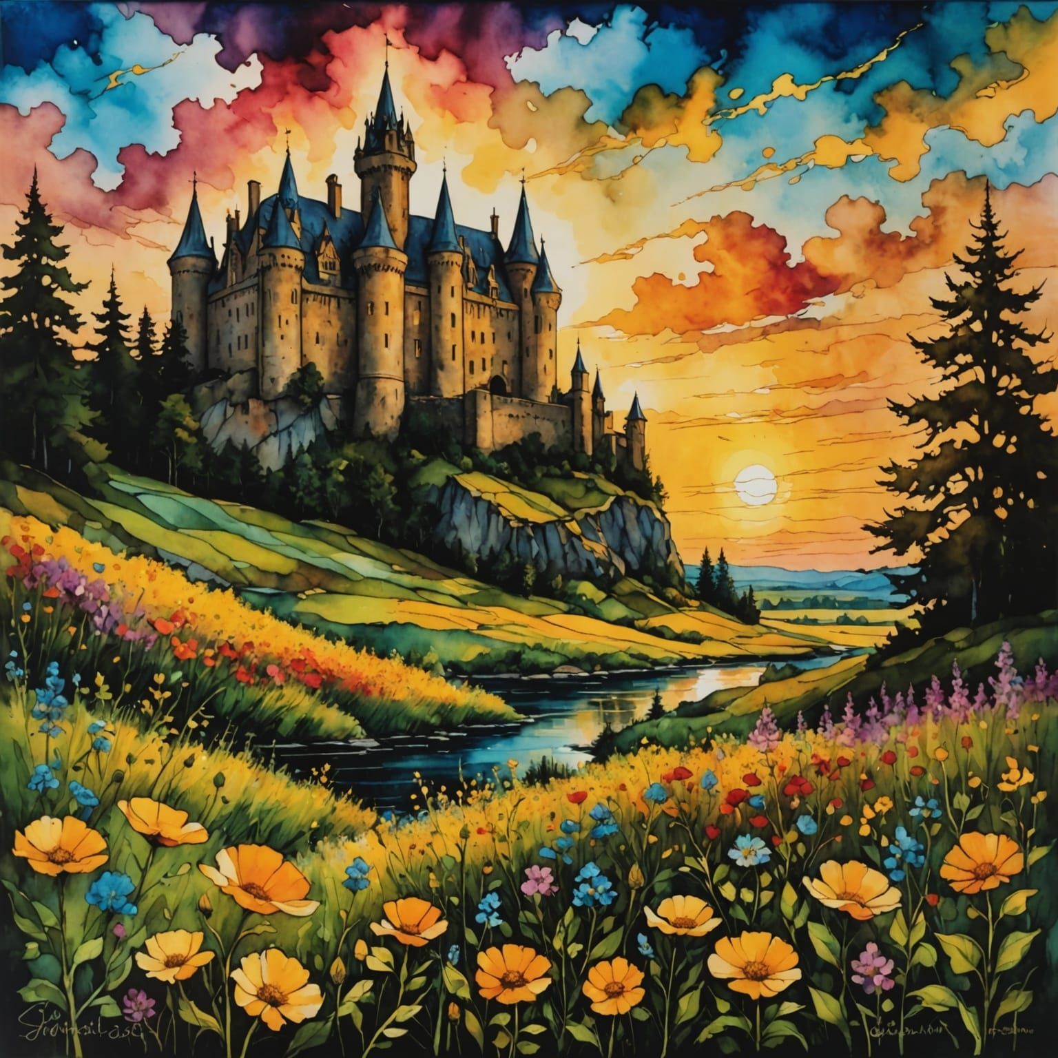 Colorful Cartoon Castle in Golden Hour Light