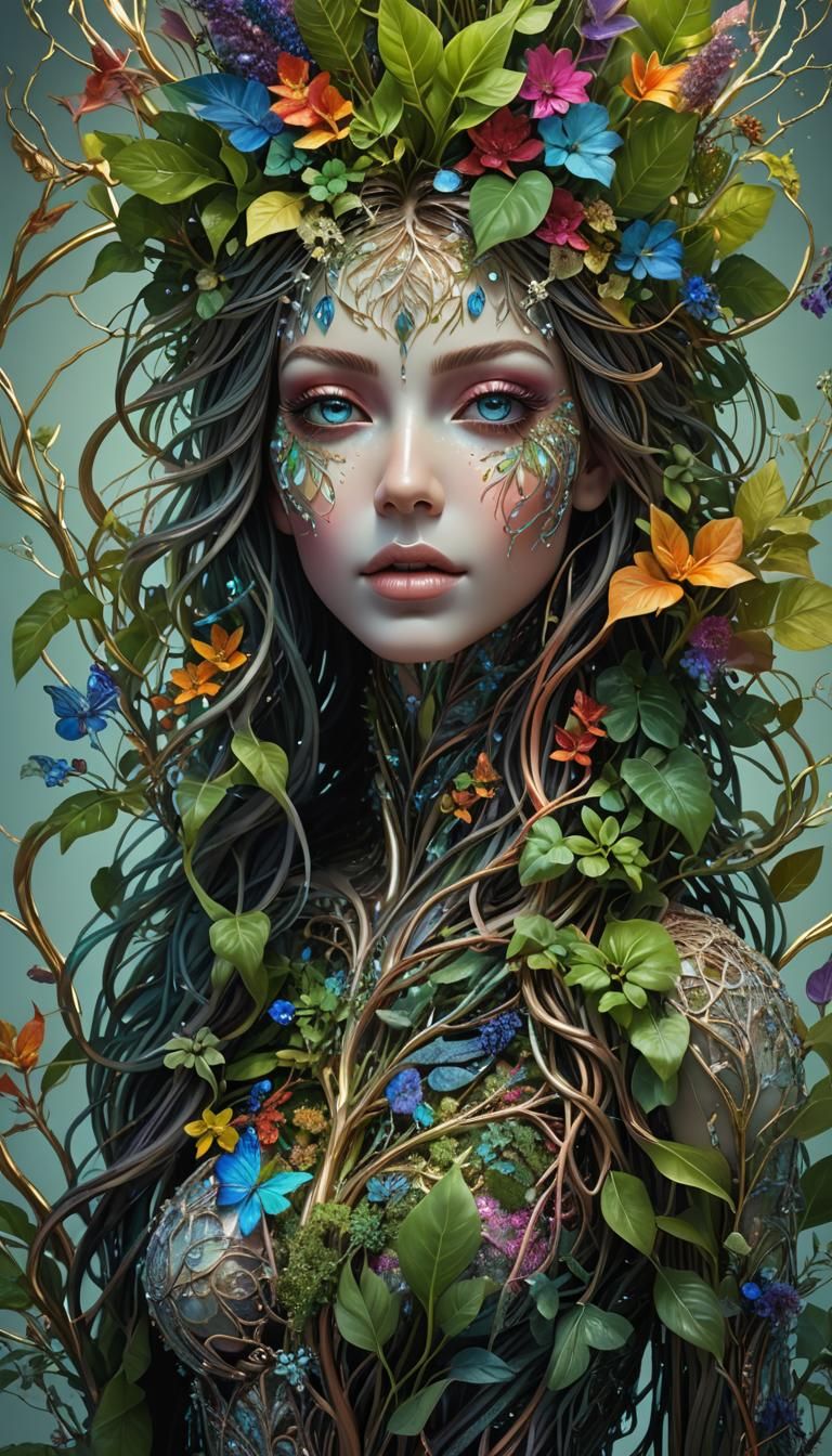 Bioluminescent Plant Woman Sculpture in Rainbow Colors