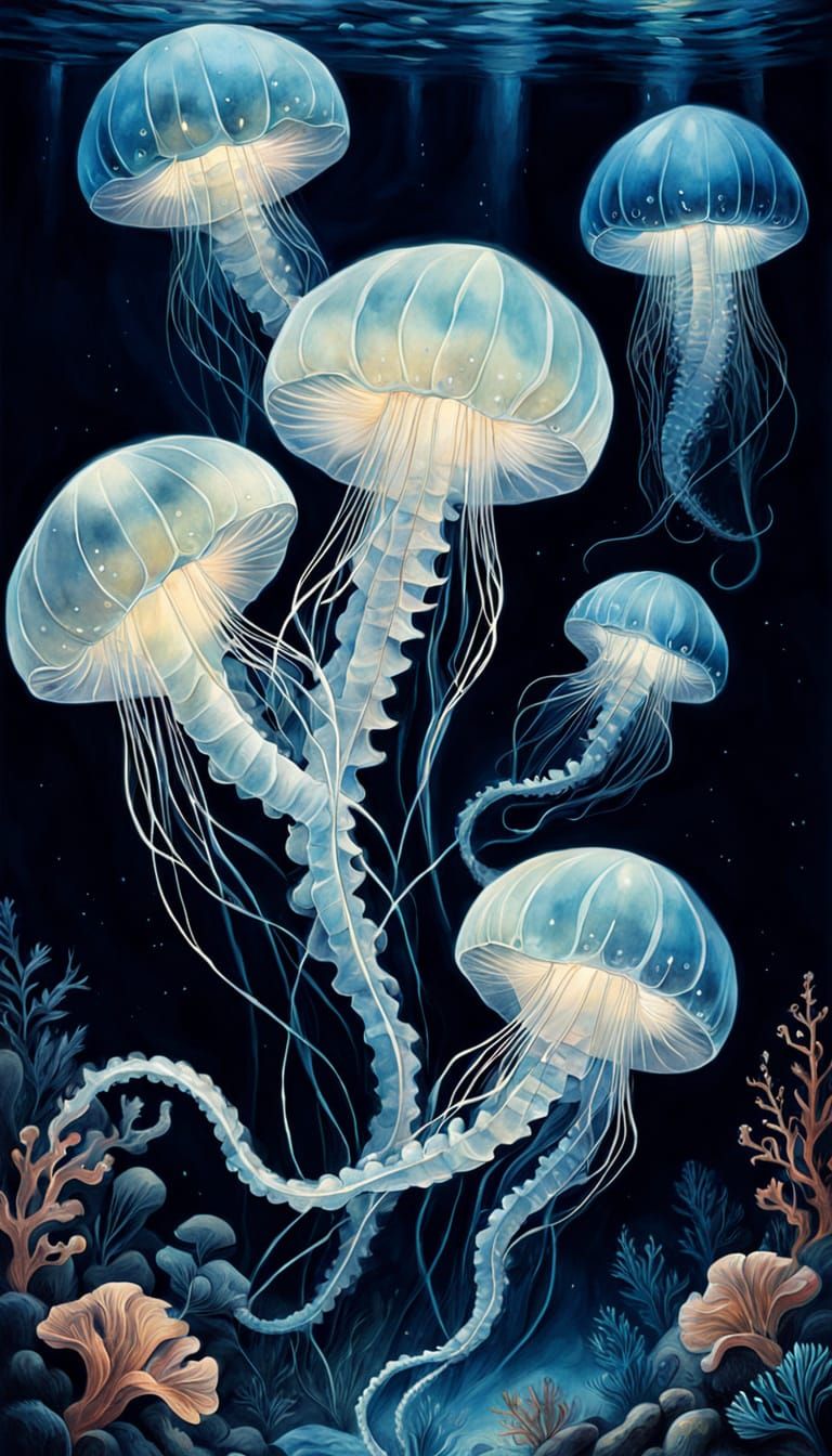 Surreal Blue and White Aquarelle of a Majestic Deep-Sea Jell...