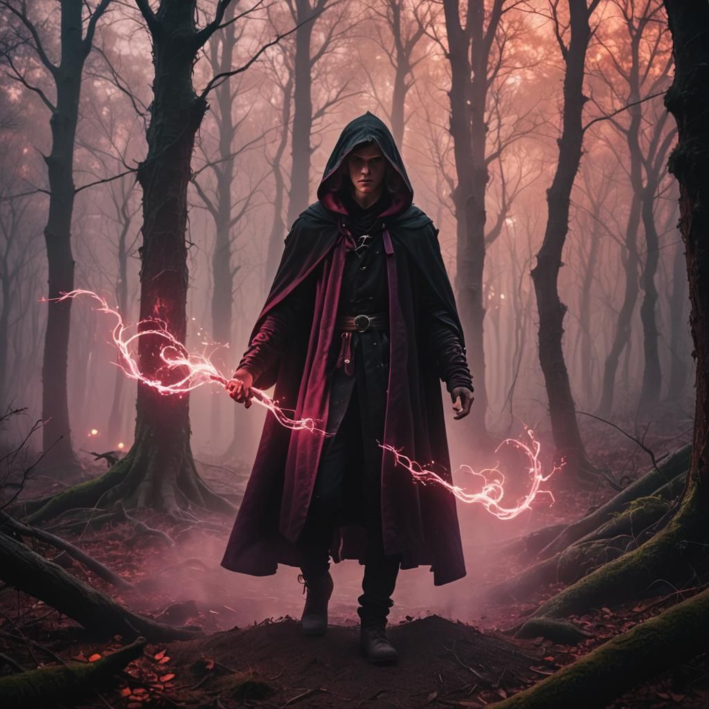 Mystical Warlock Conjuring Magic in Forest