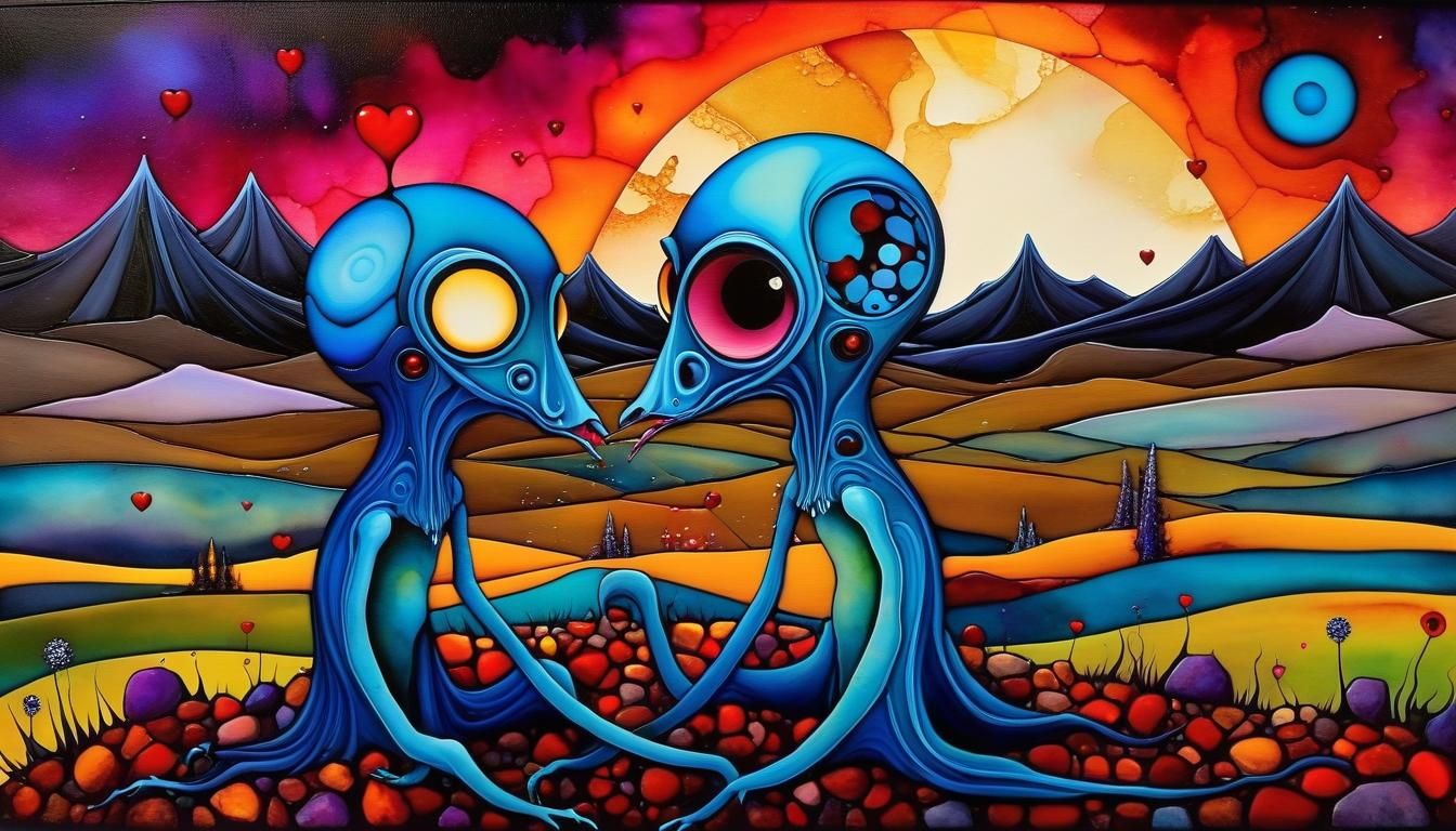 Surreal Creatures' Last Kiss: Distorted Alcohol Ink Painting