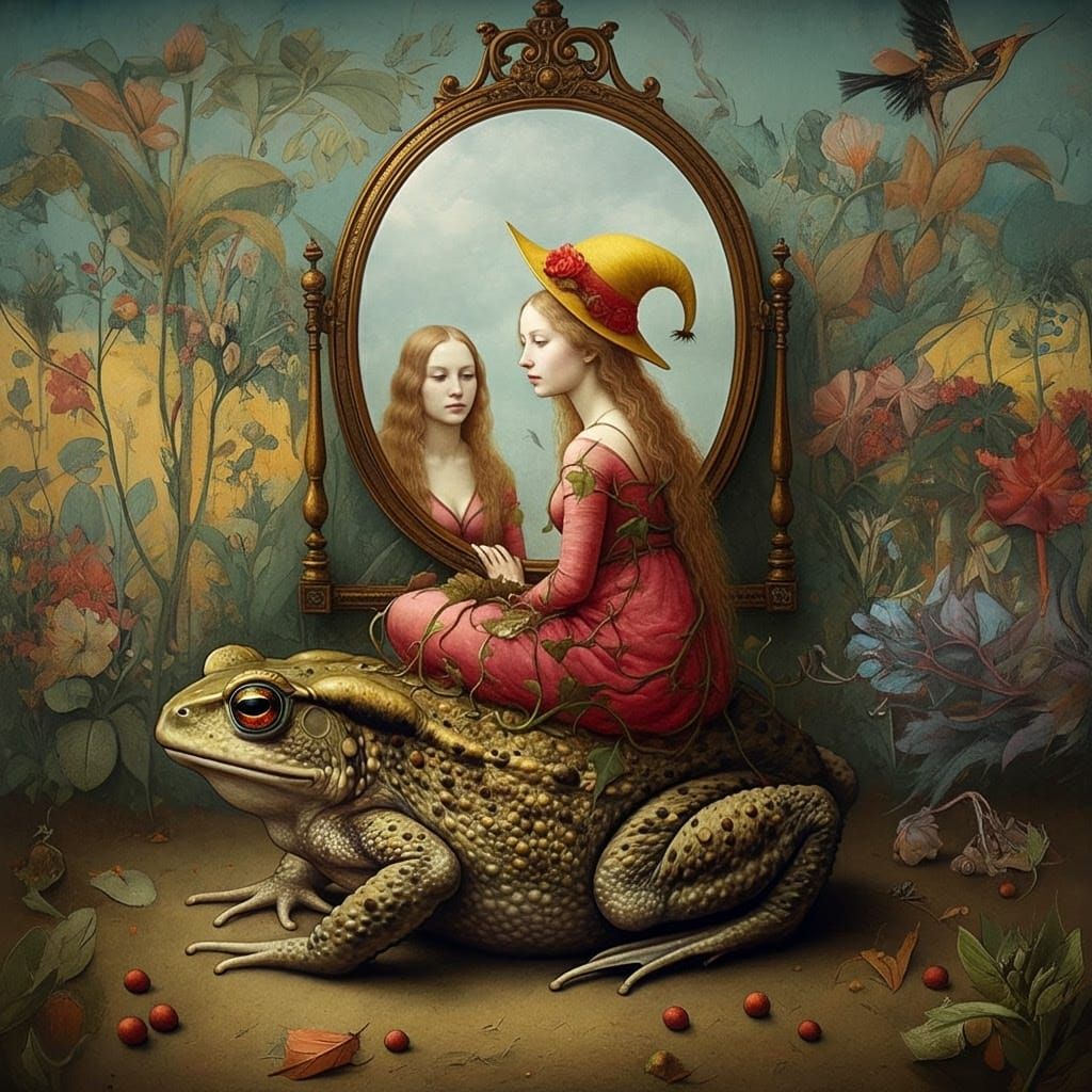 Durer-Inspired Young Woman Overgrown by Vibrant Floral Life