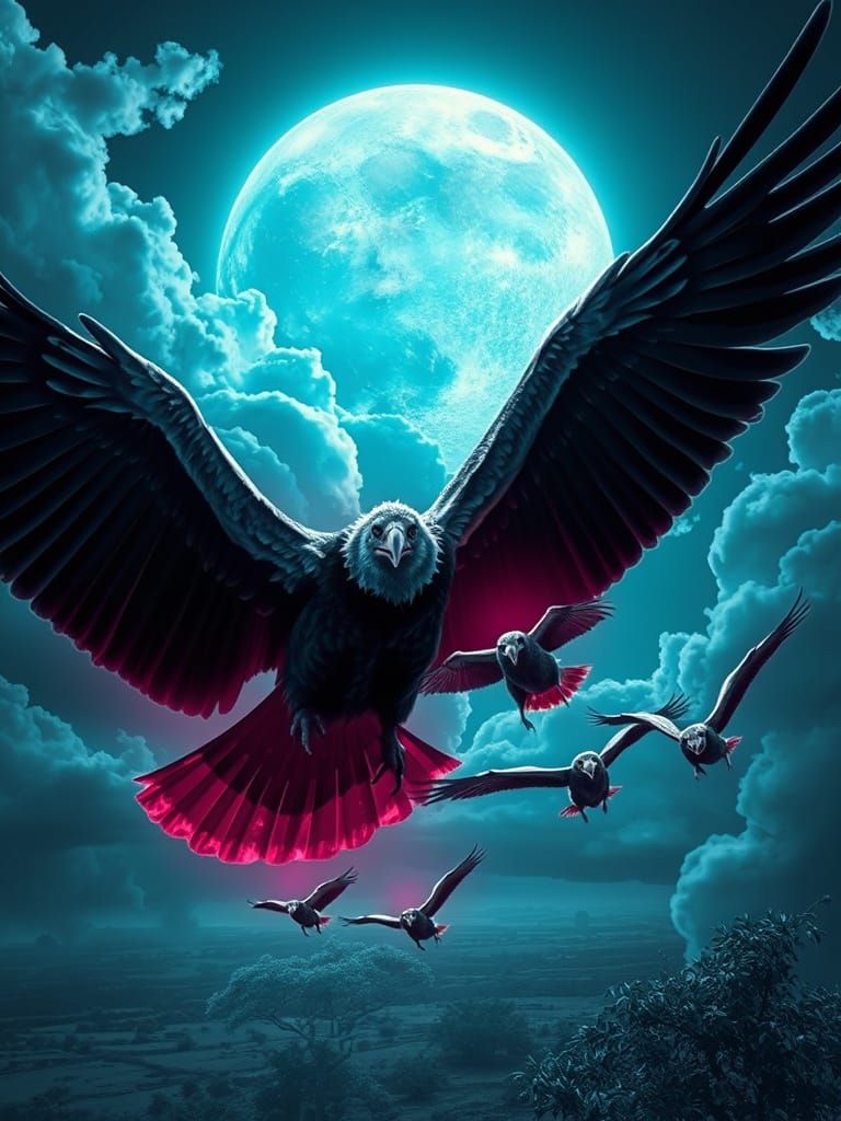 Winged Vultures with Mice Riders in African Sky