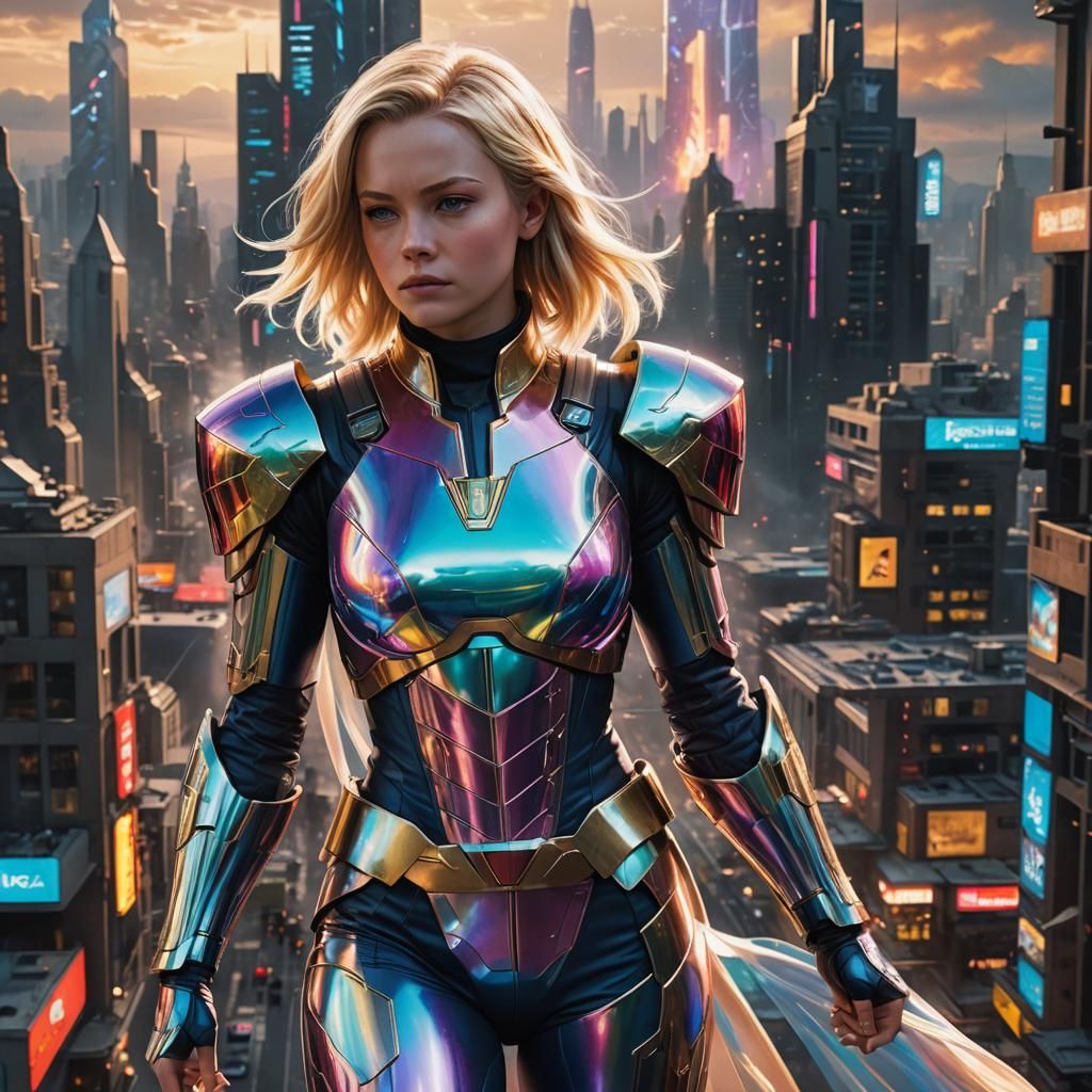 Heroic Super Android 18 in Futuristic Cityscape