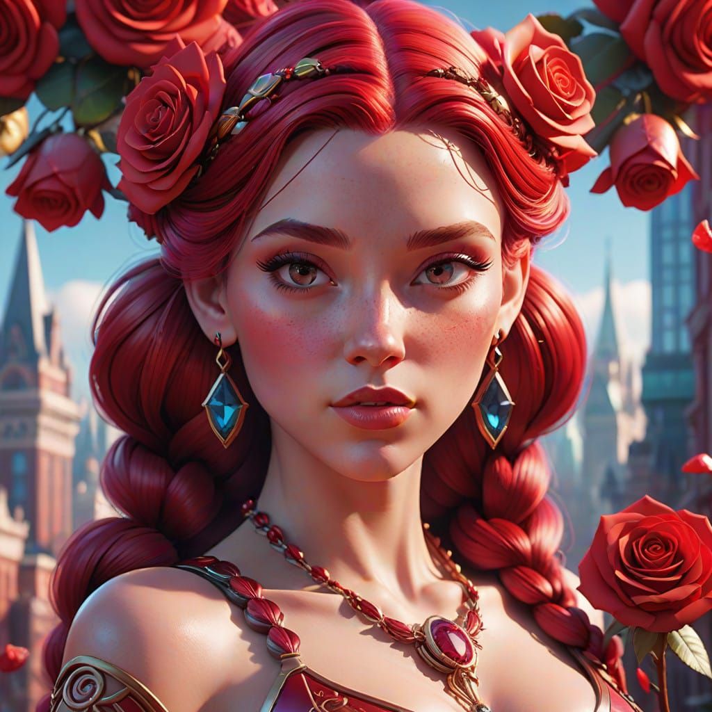 Scarlet-Haired Woman in Whimsical, Hyper-Realistic Cityscape