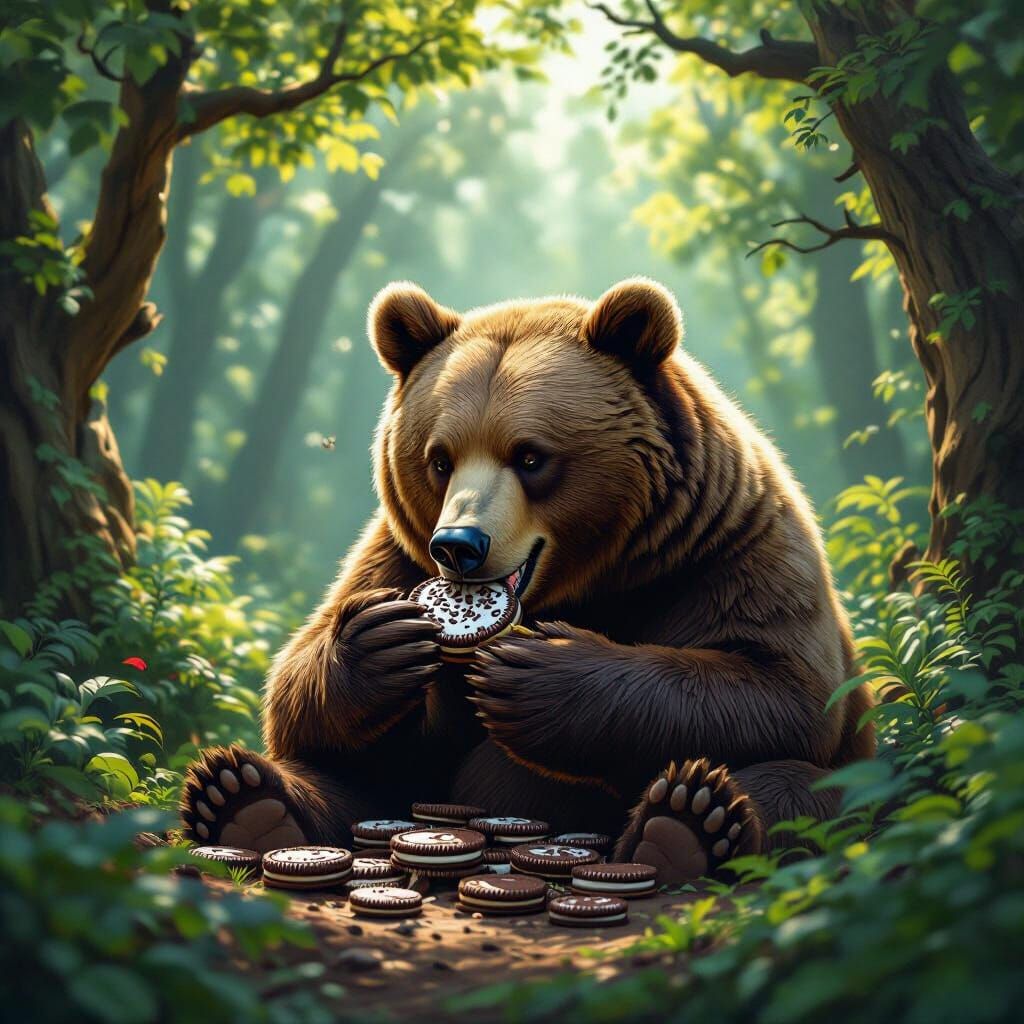 Brown Bear Eats Oreos in Enchanted Forest