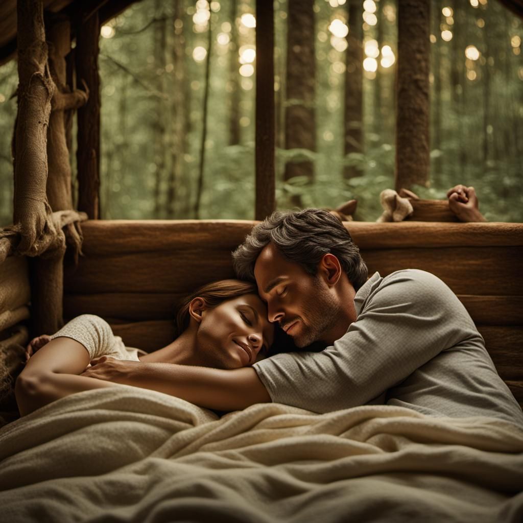 Husband and Wife Embrace in Cozy Forest Hut