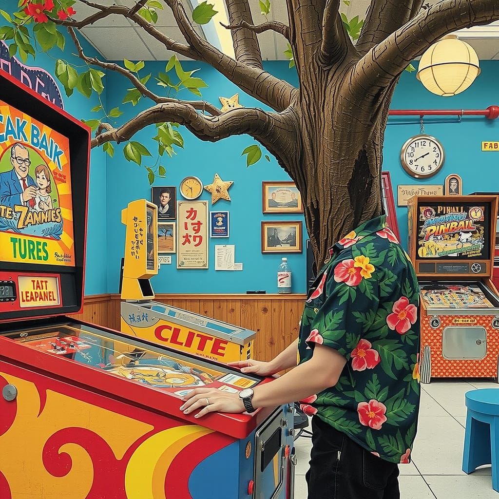 Tree in Hawaiian Shirt Plays Pinball in Retro Arcade