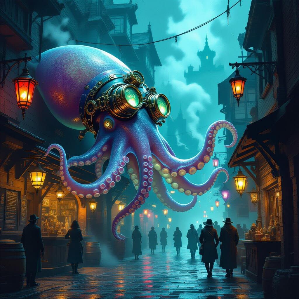 Steampunk Squid Emerges from Alley, Reaching for Tavern