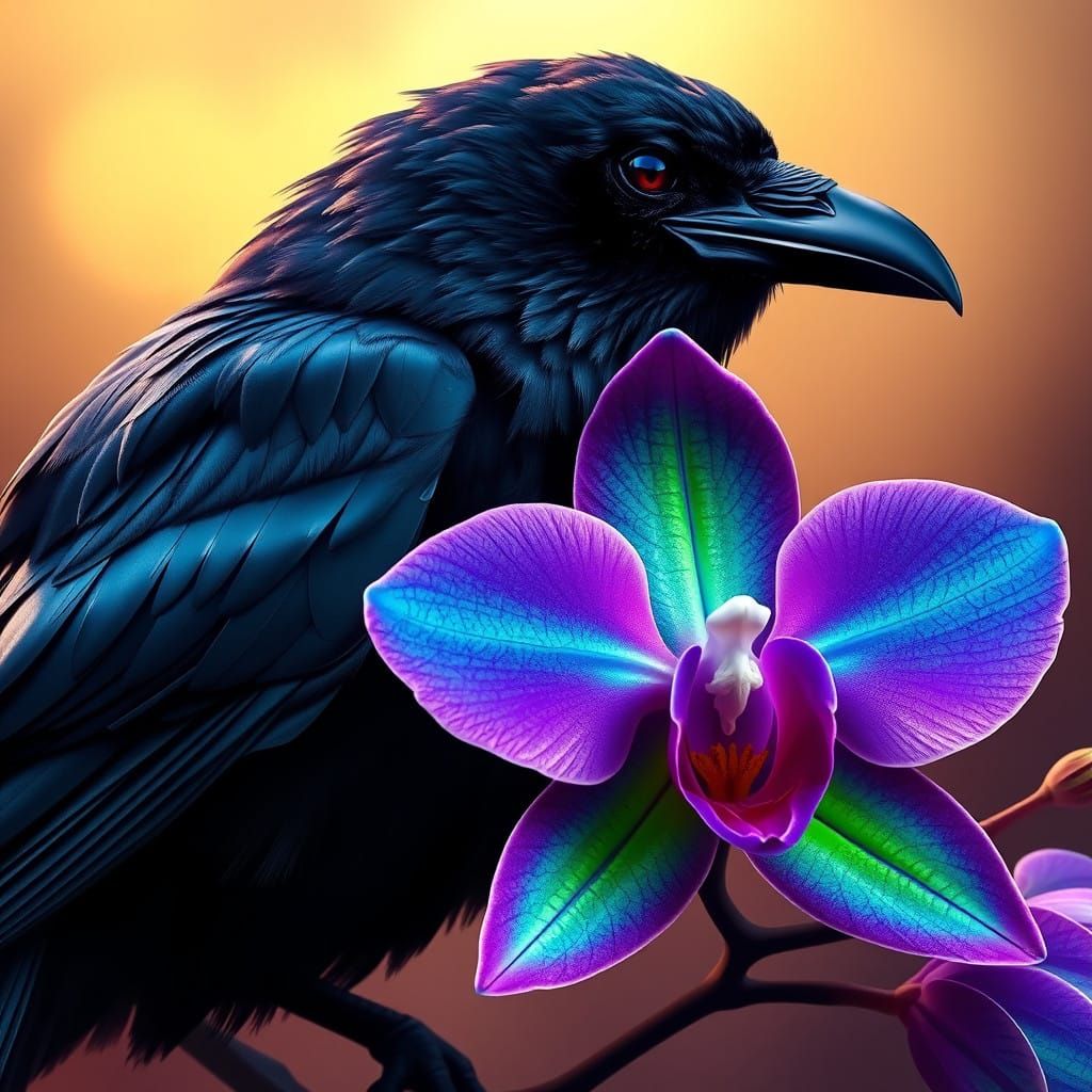 Majestic Raven Perched on Exotic Orchid