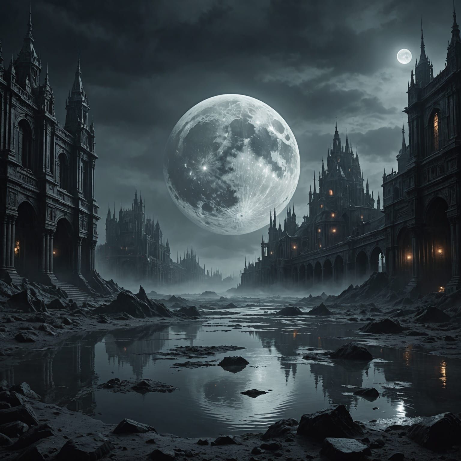 Sci-Fi Horror: Moon Submerged in Misty Gothic Atmosphere
