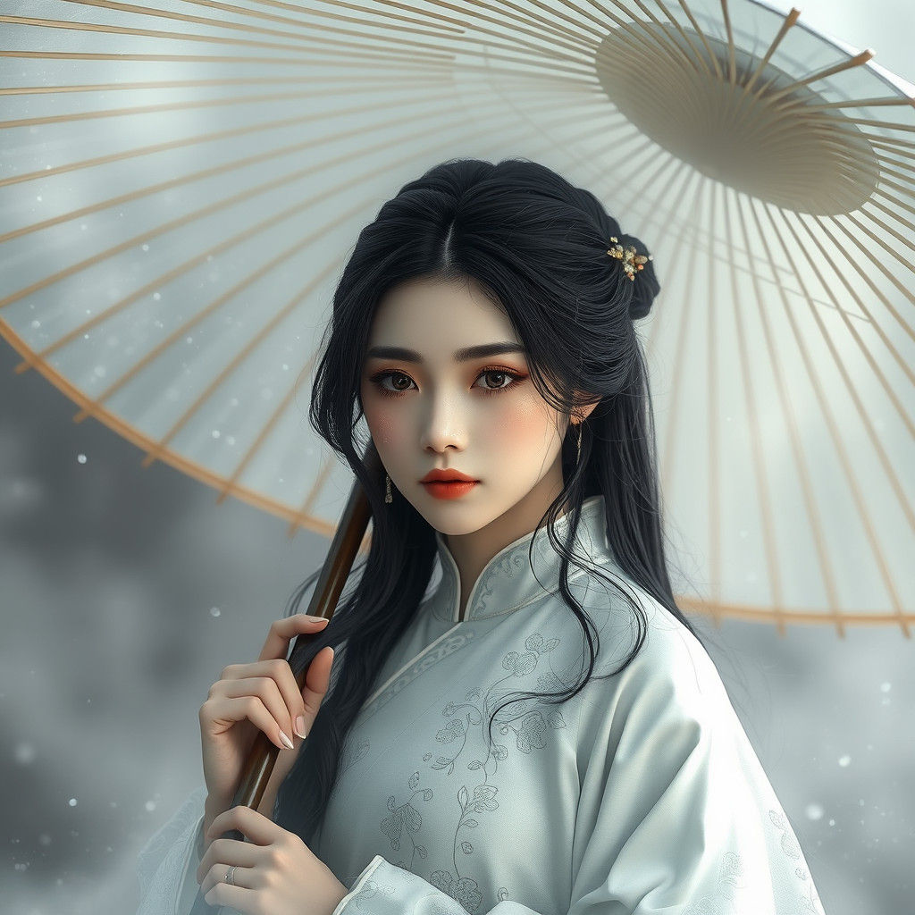 Woman in Hanfu with Bamboo Umbrella, Manga Style