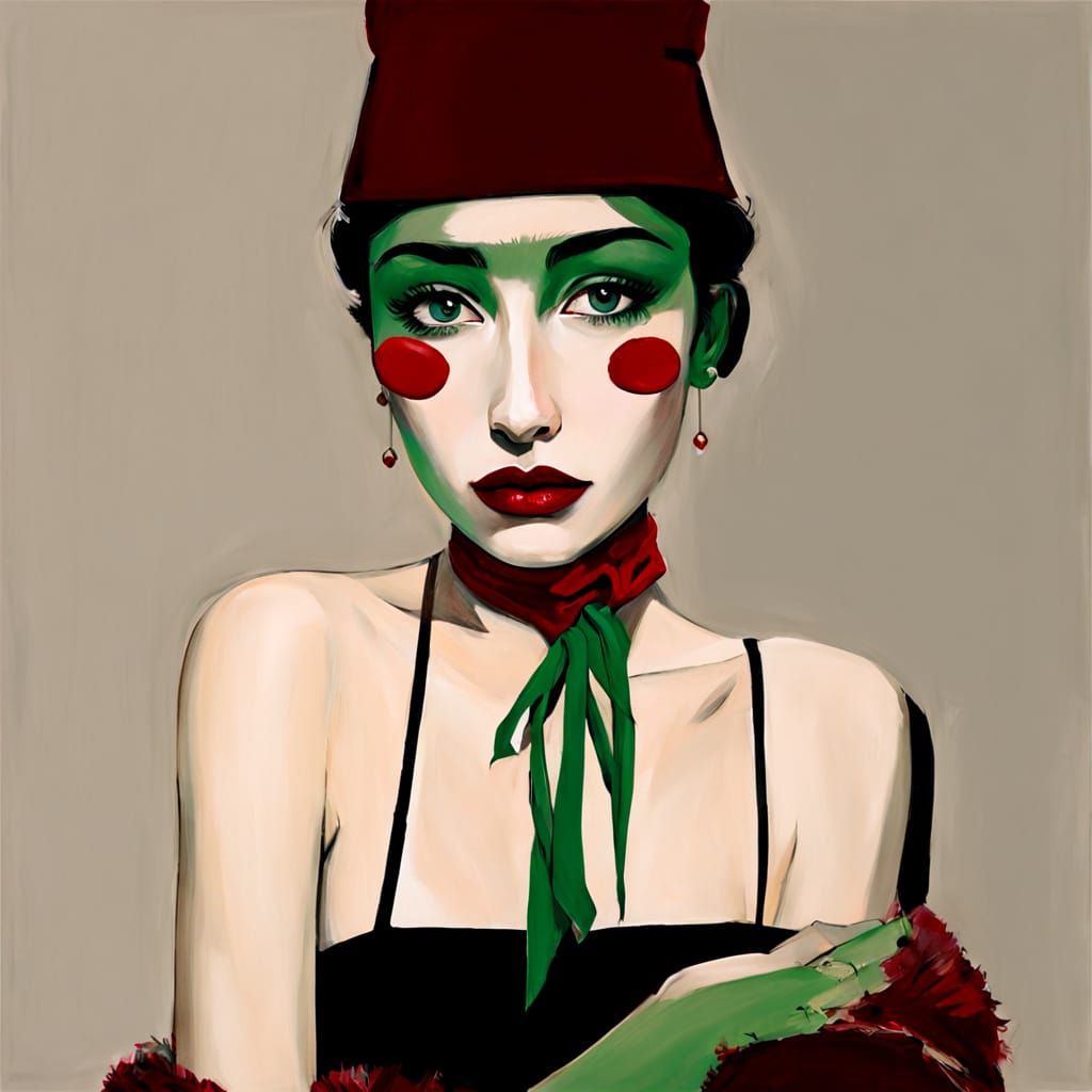 Woman with Green Scarf and Floral Jacket in Mixed Art Styles