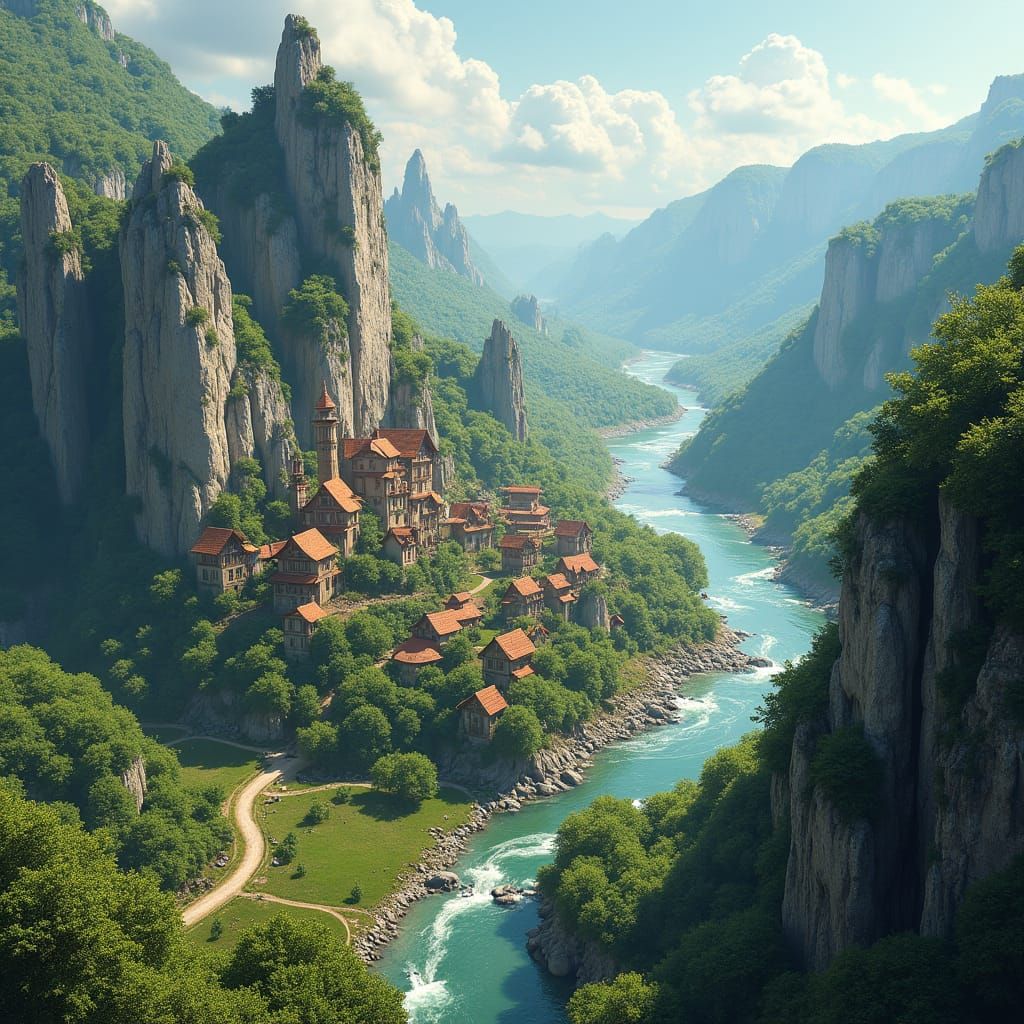 Panoramic View of River Confluence with Gnome Village