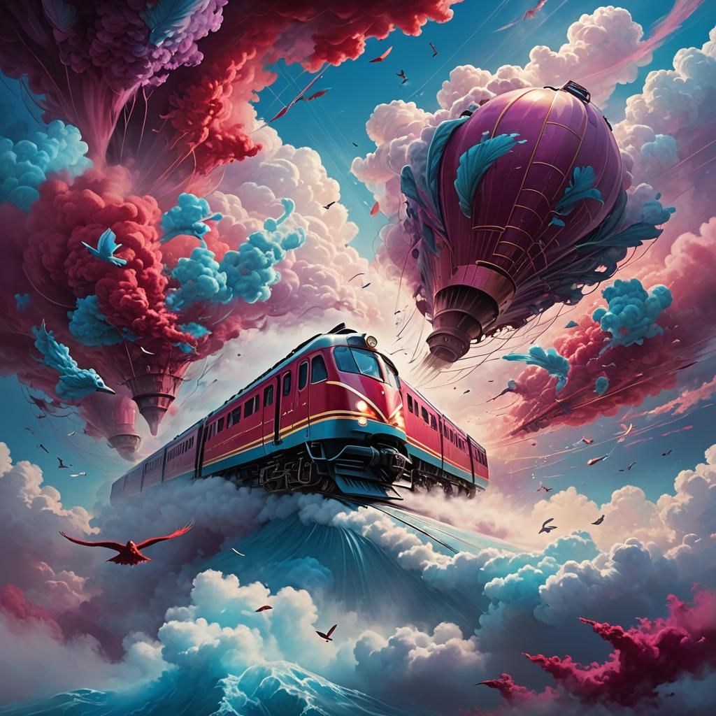 Surreal Sky Train Concept Art in Dreamlike Setting