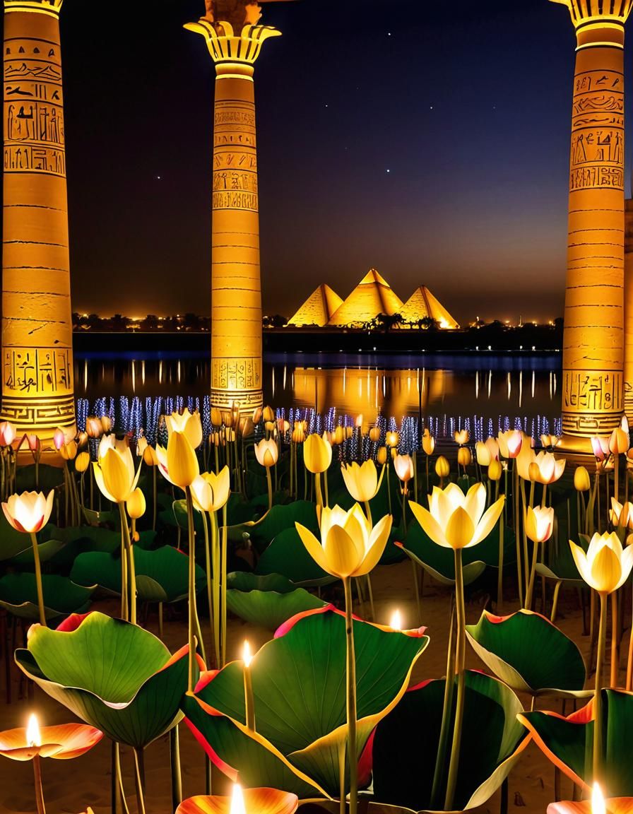 Masterpiece Egyptian Art with Lotus Flowers