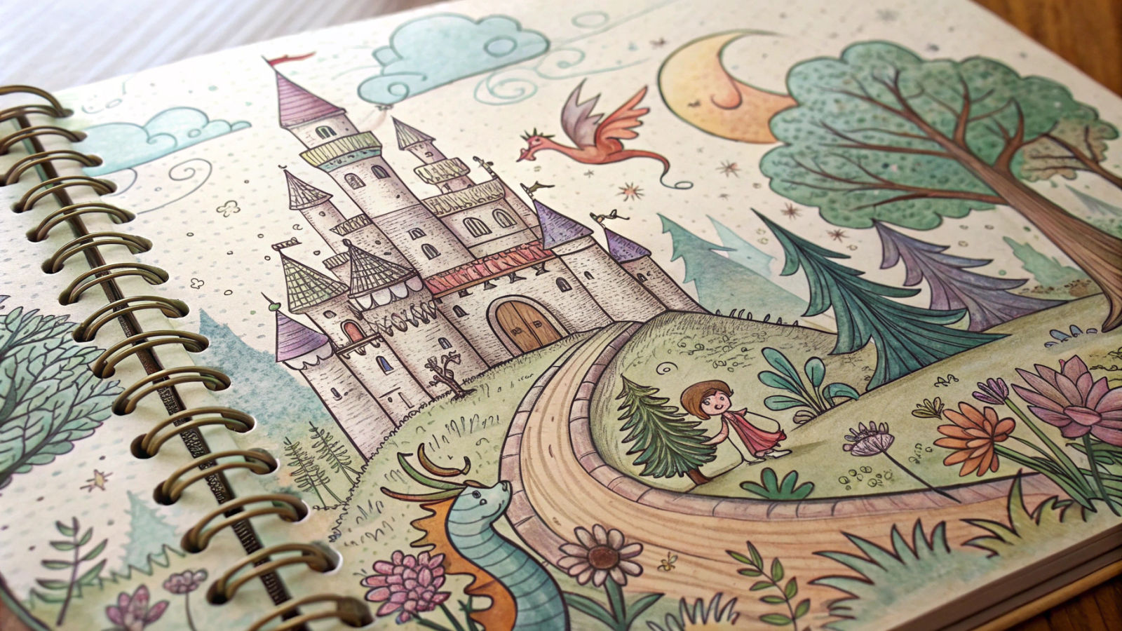 Enchanted Notebook Page with Dragons and Fairies