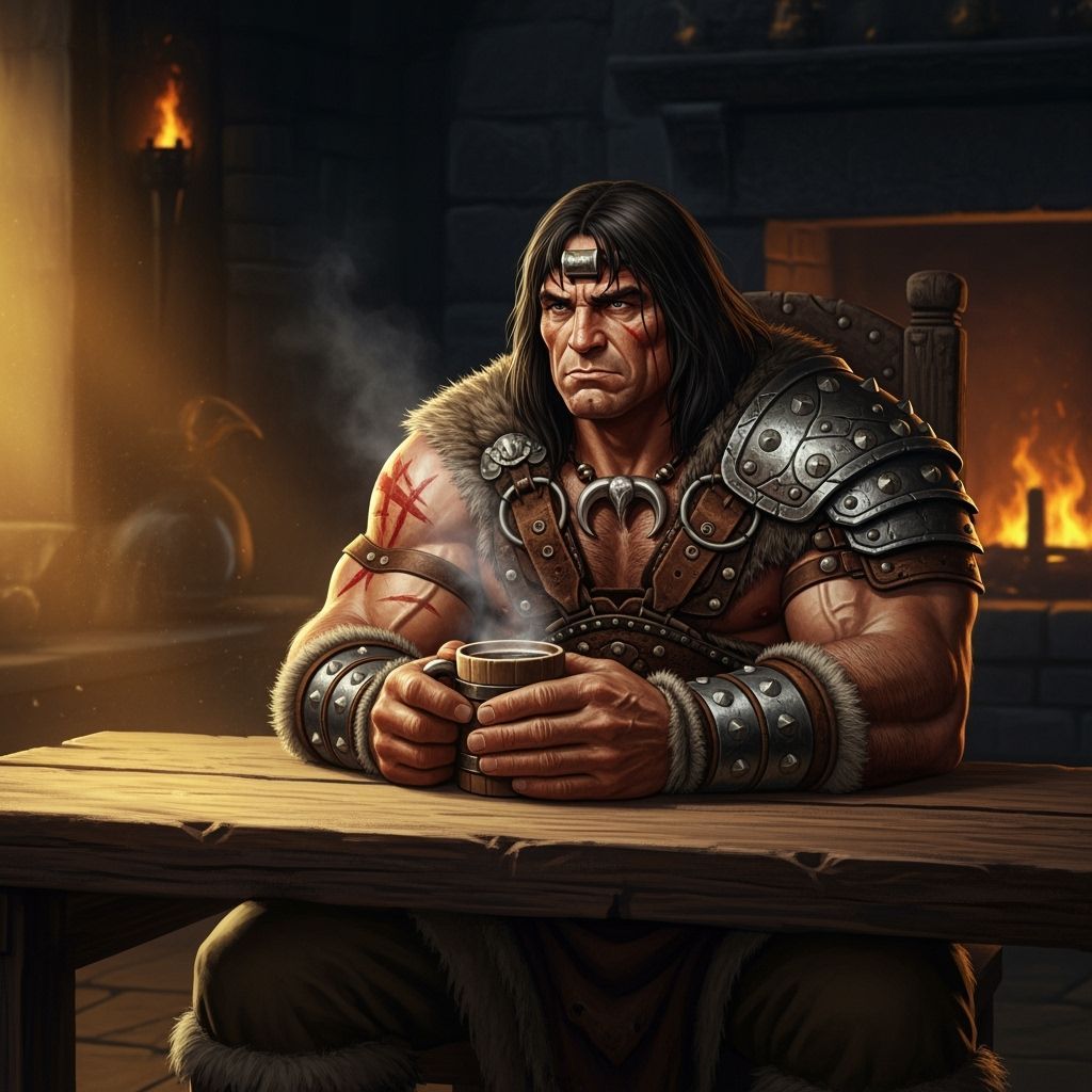 Conan the Barbarian Drinks Coffee, Fantasy Art